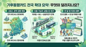 기후동행카드 전국 확대 요약 인포그래픽: 수도권 및 지방 거점 도시 서비스 권역 확장, 지하철·버스·공공자전거 연계 혜택 강화, 한 달 무제한 대중교통 정기권 장점 안내