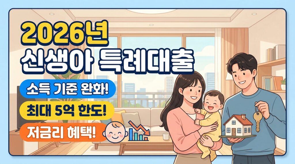 2026년 신생아 특례대출 소득 기준 완화, 최대 5억 지원, 초저금리 혜택을 강조하는 부부와 아기 일러스트 썸네일