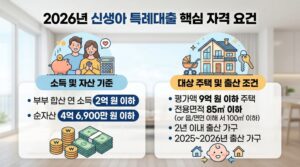 2026년 신생아 특례대출 정보 작성을 위한 여백이 있는 행복한 가족과 주택 모형 일러스트 배경 이미지