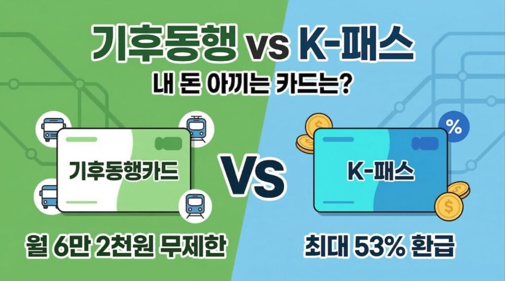 기후동행카드 월 6만 2천원 무제한 혜택과 K-패스 최대 53% 환급 혜택을 대조하여, 내 돈 아끼는 교통카드가 무엇인지 비교하는 썸네일 이미지