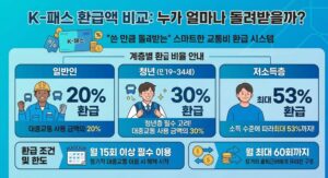 K-패스 환급액 비교 및 이용 조건 총정리. 대중교통 사용 금액의 일부를 돌려받는 스마트한 교통비 환급 시스템 안내. 청년 및 저소득층 맞춤형 환급 비율 수치 포함.
