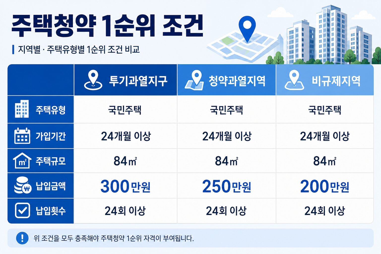 주택청약 1순위 조건 지역별 기준 비교